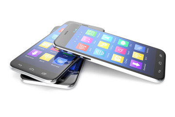 A silver phone width a blue screen and icons, isolated on white background, 3d illustration