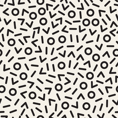 Retro geometric line shapes seamless patterns. Abstract jumble textures. Black and white scattered shapes