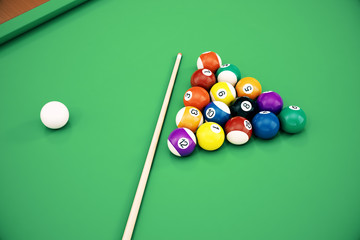 3D illustration American pool snooker balls background. American Billiard. Close up Billiard balls. Bar game. Billiard table game.