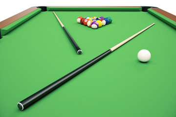 3D illustration Billiard balls in a green pool table, pool billiard game, Billiard concept