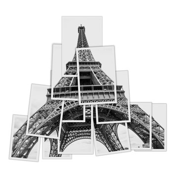 Collage of the Eiffel Tower made with white border photographic pictures.