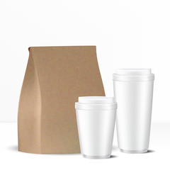 VECTOR MOCKUP TEMPLATE: Set of brown paper bag and two disposable white gray caps with lid on isolated background ready for design