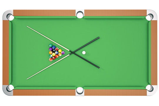 3D illustration American pool snooker balls background. American Billiard. Bar game, Billiard table game, top view