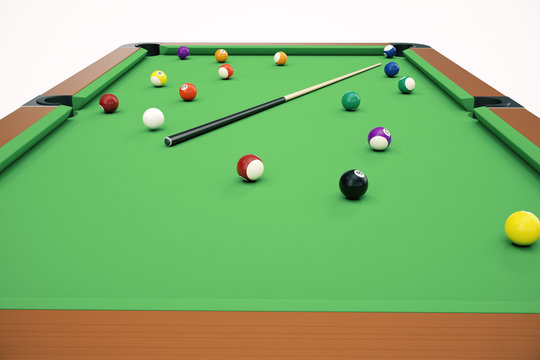 3D illustration American pool snooker balls background. American Billiard. Bar game, Billiard table game.