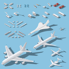 Various passenger airplanes and maintenance equipment for airport isometric icons set