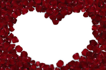 heart shaped frame of red rose petals isolated