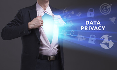 Business, Technology, Internet and network concept. Young businessman shows the word: Data privacy