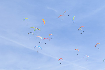 many paragliders on the sky