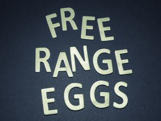Free Range Eggs written with colorful wooden letters on a blue background