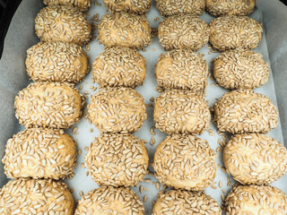 Closeup of freshly made sunflower seed buns on a waxed paper tray at close-up
