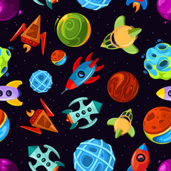 Space vector seamless pattern with spaceships, stars, planet and rockets, childrens fantastic background