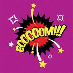 Boom comic inscription, text, speech bubble burst, word in the cloud. Visual explosion effect, vector illustration for comics