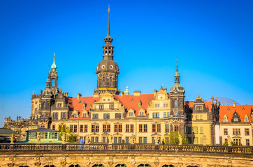 Obraz premium Dresden Cathedral of the Holy Trinity or Hofkirche, Dresden Castle or Royal Palace and Semperoper in Dresden, Saxony, Germany