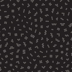 Scattered Geometric Shapes. Inspired by Memphis Style. Abstract Background Design. Vector Seamless Black and White Irregular Pattern.