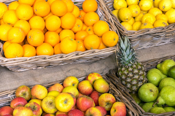 Oranges, apples and pears for sale at a market