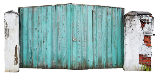 The wooden collapsing blue gate on the rural country farmer yard.