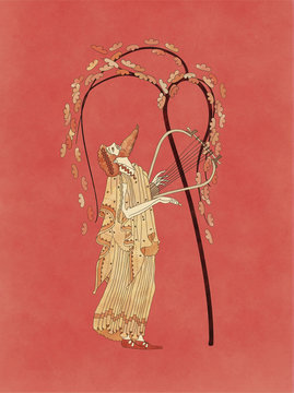 Dionysus or Bacchus in religious ecstasy playing the lyre under a grapevine, based on ancient greek pottery and ceramics red-figure drawings