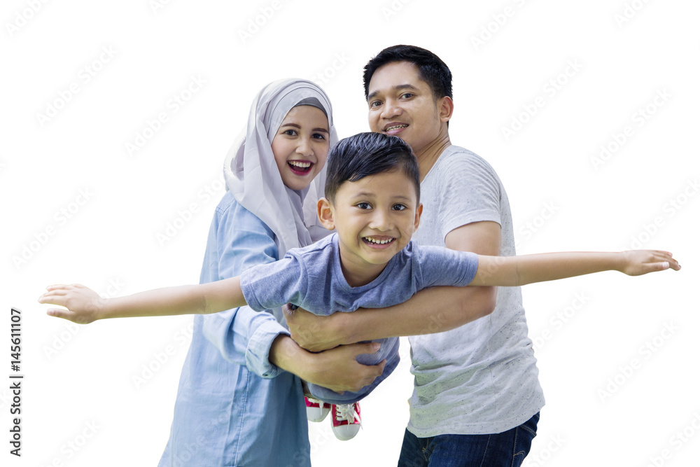 Sticker Little boy with his parents in studio