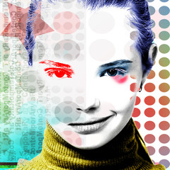 Poster with a portrait of a pretty grinning girl in a modern style of pop art.
