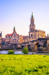 Fototapeta na wymiar Summer view of the Old Town architecture with Elbe river in Dresden, Saxony, Germany