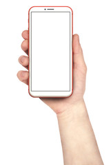 Man holding red smartphones, blank screen and isolated on white background.