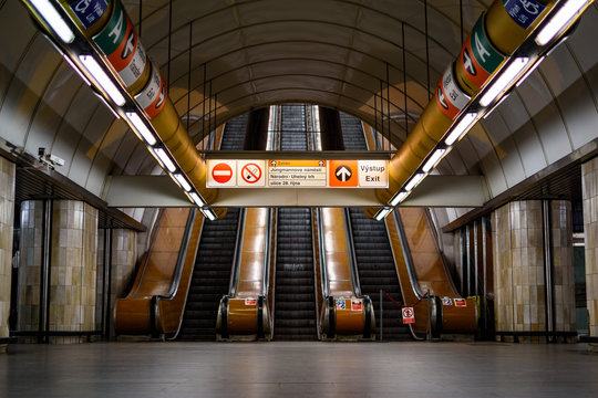 Metro station in Prague with view on escalators, Czech