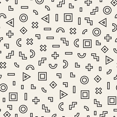Obraz na płótnie Canvas Scattered Geometric Shapes. Inspired by Memphis Style. Abstract Background Design. Vector Seamless Black and White Irregular Pattern.