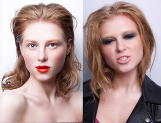 portrait of same girl with two differen makeup