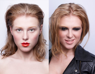 portrait of same girl with two differen makeup