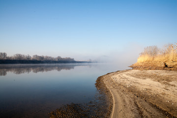 Morning on the river early morning fog