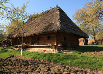 Fototapeta na wymiar Old traditional Ukrainian house under thatched roof.Ukraine