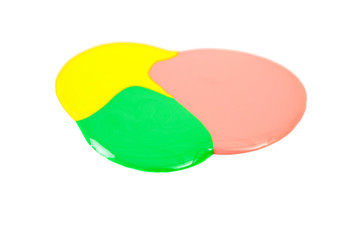 Blot of yellow, pink and green nail polish isolated on white background