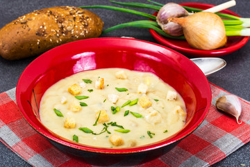 Vegetable cream soup with croutons