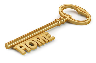 Gold key with home word on white background. 3D rendering illustration.