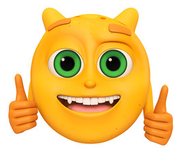 Good yellow monster on a white background showing thumbs up. 3d render illustration.