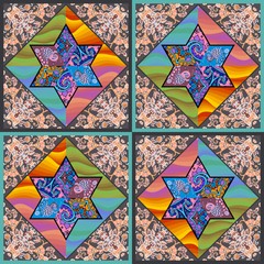 Bright patchwork pattern with hexagonal stars, flowers and peacocks.