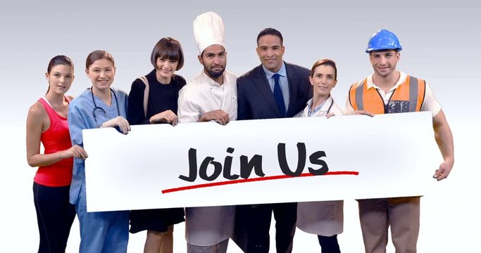 Various professional holding placard of join us text