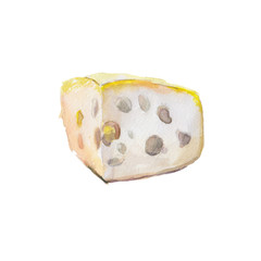 The piece of cheese isolated on white background, watercolor illustration in hand-drawn style. - 145618513