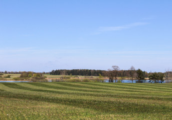 Fototapeta na wymiar Big grass field with pond in background. Czech landscape.
