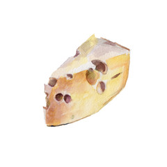 The piece of cheese isolated on white background, watercolor illustration in hand-drawn style.