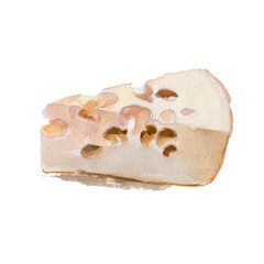 The piece of cheese isolated on white background, watercolor illustration in hand-drawn style.