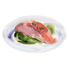 The fried slice of salmon with a broccoli sauce isolated on white background, watercolor illustration in hand-drawn style.