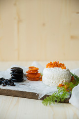 rustic fresh cheese with dried apricots and prunes, useful, easy Breakfast