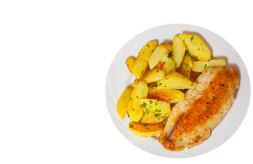Fried fish fillet and potatoes in a plate. top view. isolated on white