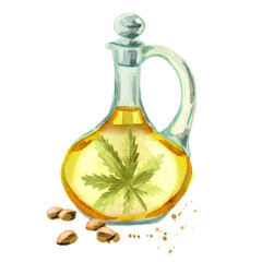 Jug with hemp oil. Watercolor