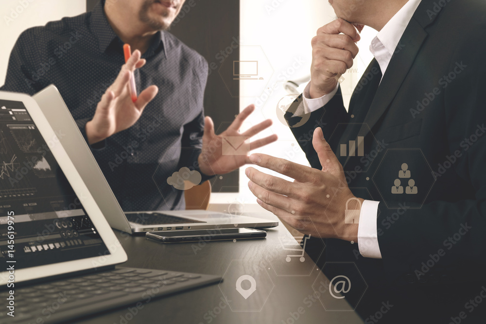 Poster co working team meeting concept,businessman using smart phone and digital tablet and laptop computer