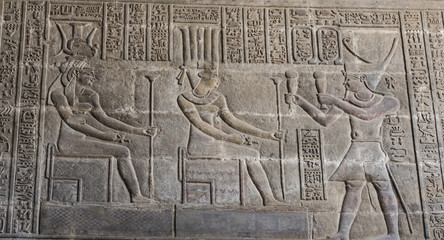 Hieroglyphic carvings on an ancient egyptian temple wall