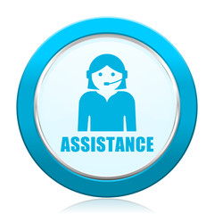 Assistance blue vector icon on white background.