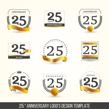 25th anniversary logo set with gold elements. Vector illustration.