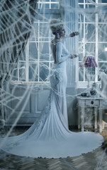 Conceptual portrait of an elegant lady wrapped with a spider's web